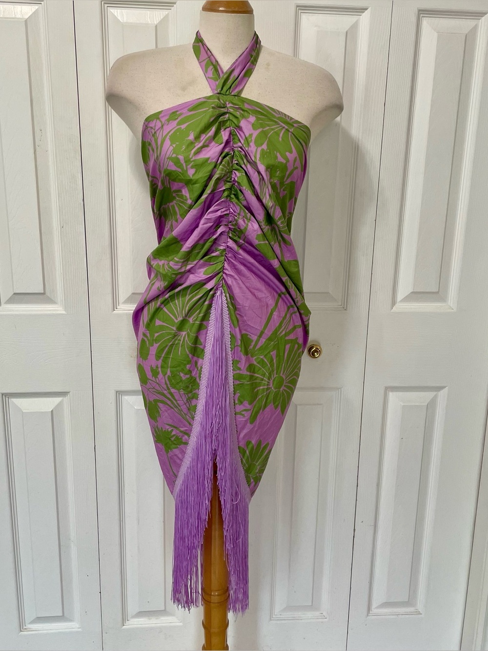 PrettyLittleThing Lavender and Olive Floral One-Shoulder Fringe Dress